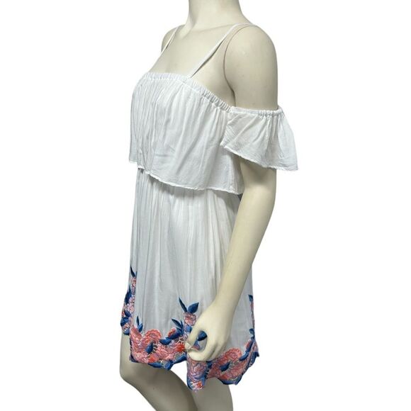 Cute Short White Dress Embroidered Flowers Cold Shoulder Mini Dress Short Sleeve - Picture 4 of 7